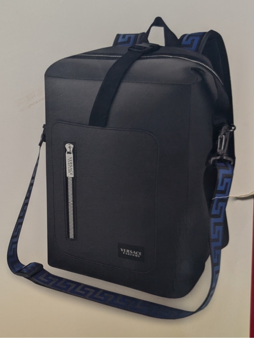 Versace Black Backpack with Blue Logo-Trim Strap